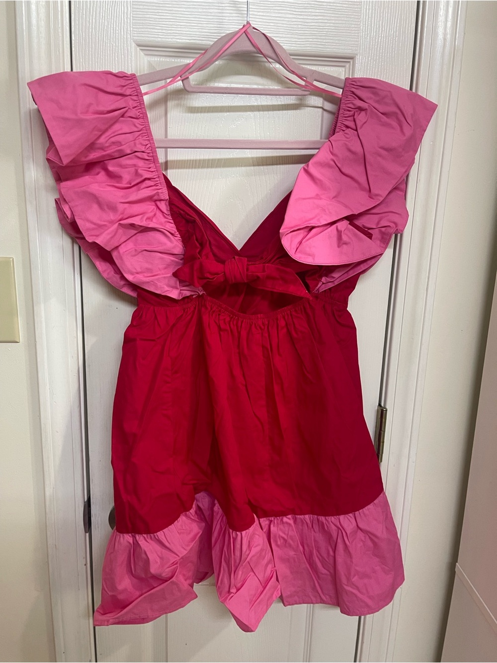 Day + Moon Two-Tone Ruffle Mini Dress in Raspberry and Pink - Picture 4 of 6
